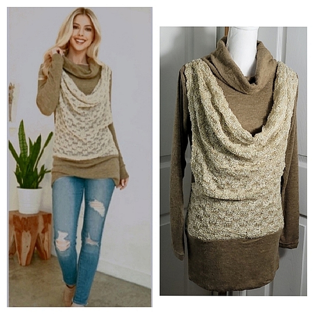 A'reve Brown Cowl Neck Long Sleeve Sweater Top w/ Cream Knit Draping Size Large